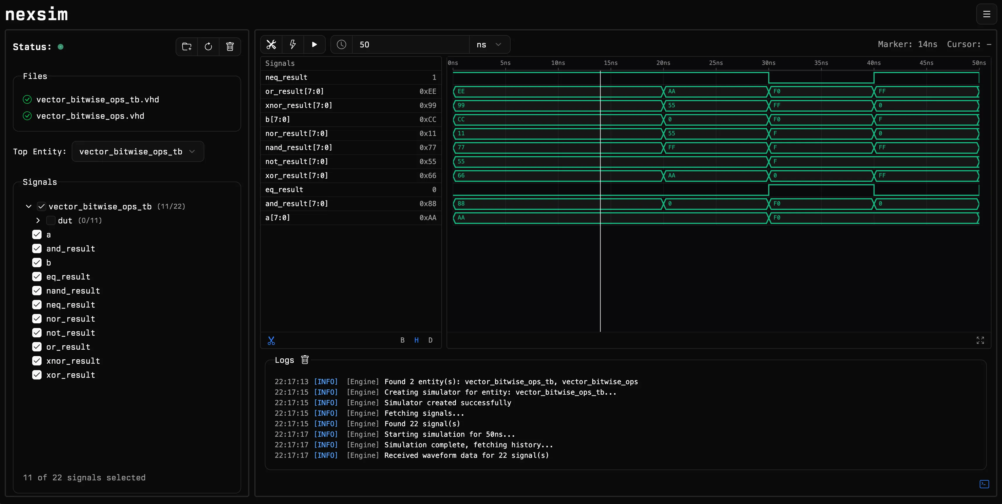 Nexsim waveform viewer showing VHDL simulation results with signal traces and log output